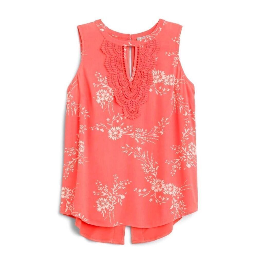 Daniel Rainn NWT Women's Floral Top Crochet‎ Keyhole Sleeveless Blouse Coral M